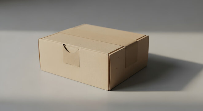 Sealed cardboard parcel ready for shipment on a neutral background with natural light and shadow