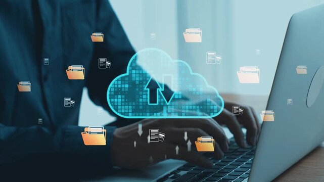 A person works on a laptop, engaging in cloud storage and data management. Floating folder icons and an upload symbol illustrate the seamless integration of technology. Qubit