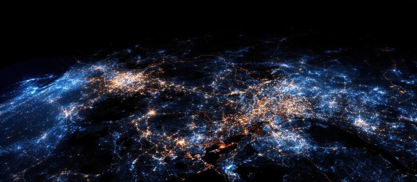 View of illuminated megacity at night from space, glowing street networks and urban clusters, deep dark background, high contrast lights, ultra