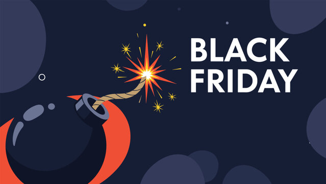 Creative Black Friday sale announcement featuring a lit black spherical bomb with a sparkling fuse against a dark navy background with bubbles.