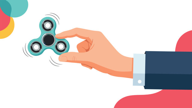 Human hand holding and spinning a turquoise fidget spinner toy, depicted in a modern flat vector style with motion lines.