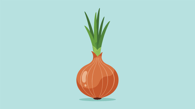 Single brown onion bulb with long fresh green sprouts growing from the top, isolated against a simple teal background.