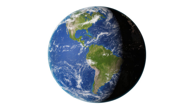 Detailed planet Earth showing North and South America, day and night hemispheres, with city lights visible, isolated for global concepts