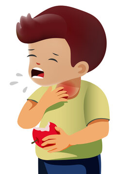 Child Choking on food with apple piece stuck in throat. Illustration