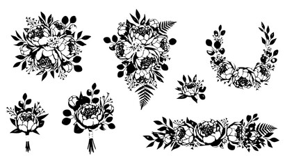 Watercolor peony bouquet vector set with eucalyptus greenery botanical floral arrangements isolated on white for wedding invitation design © Mdsabbir