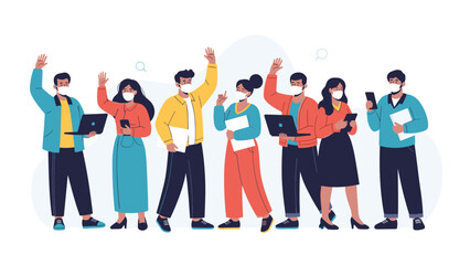 Obraz premium Diverse group of young professionals wearing protective face masks while holding laptops and smartphones during pandemic era.
