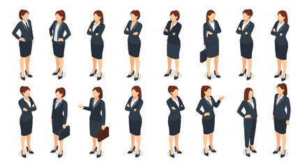 Obraz premium Set of sixteen isometric character designs featuring a businesswoman in a dark navy suit in various standing poses and gestures.