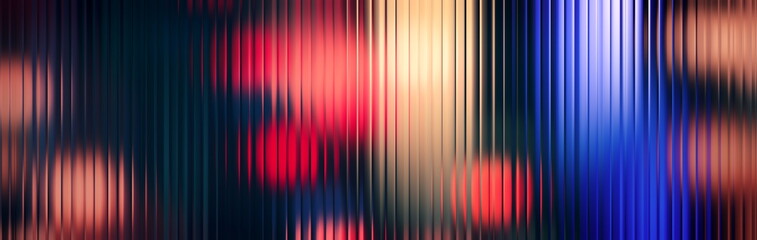 Obraz premium Abstract panoramic background with colorful neon bokeh blurred behind vertical ribbed glass texture.