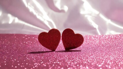 Fototapeta premium Two red hearts standing close on glittery pink surface