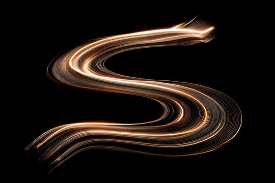 Luminous, curving lines form a glowing, S-shaped light trail against black void