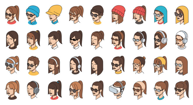 Large grid of isometric female avatars featuring diverse hair styles and accessories like sunglasses, hats, and various headphones.