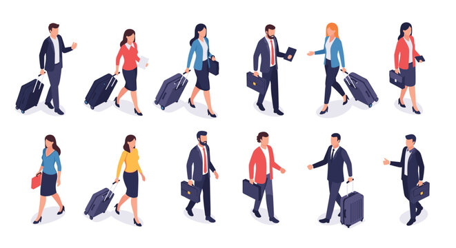 Business travelers with suitcases and briefcases walking in different directions representing global trade and corporate travel.