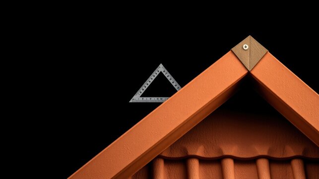 Roof section displays triangular tool measuring angle. Orange tiles, dark background create contrast. Precision, construction details visible.
