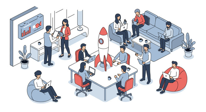 Creative startup office environment with a team working around a central rocket model symbolizing innovation and fast growth.