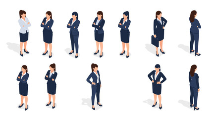 Obraz premium Professional women in business suits shown from various angles and in confident standing poses for corporate presentations.