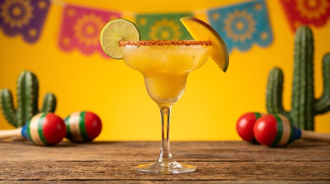 Refreshing mango margarita cocktail with lime and mango slice surrounded by festive decorations and cacti
