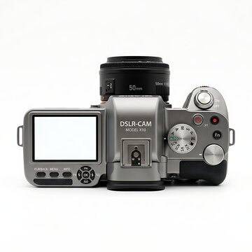 Digital single lens reflex camera with flip screen and 50mm lens  DSLR camera model X10 with various buttons and dials for photography  professional photography equipment