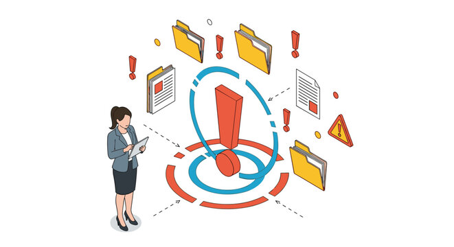 Businesswoman managing data security risks and system errors with folders and warning exclamation marks in isometric style.
