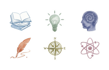 Watercolor Intellectual Icon Set with Books Bulb Brain Quill Compass and Atom © Dwi