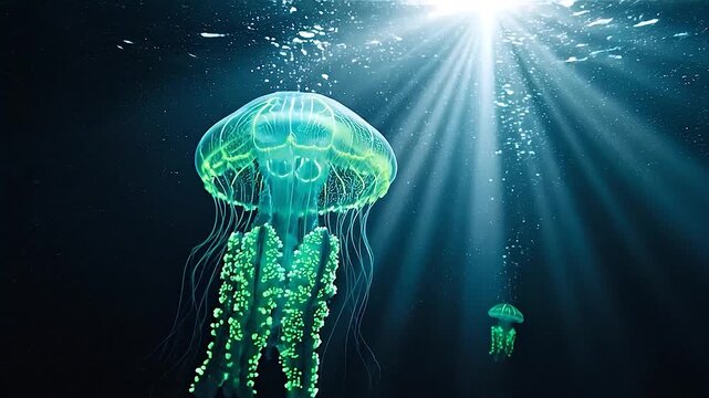 Bioluminescent cybernetic jellyfish drifting through deep ocean as neon neural networks pulse with intelligence and data