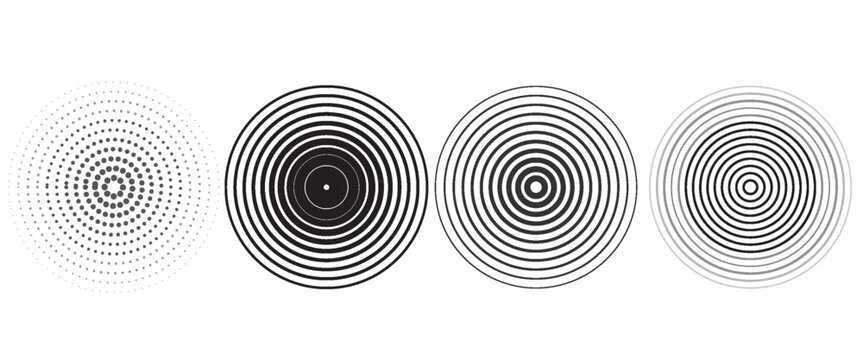 Black concentric circle set. Sonar or sound wave ring collection. Dotted and linear epicentre, target, radar icon concept. Ripple radial signal or vibration elements. Vector line and halftone symbols