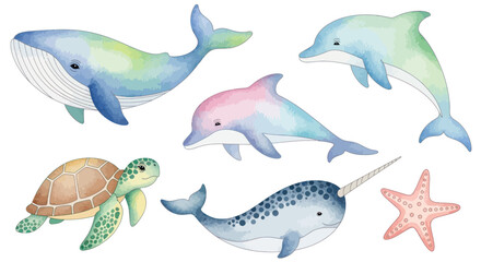 Watercolor Marine Life Collection: Whale, Dolphin, Narwhal, Turtle, Starfish © gan