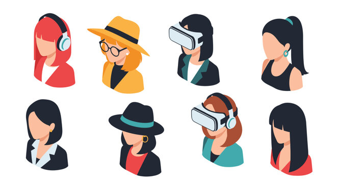 Diverse set of isometric female head avatars featuring different hair colors and modern accessories like VR headsets and hats.