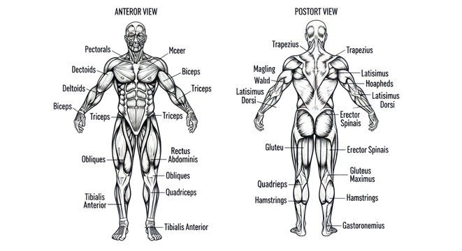 Anatomy Muscles Human Body - Anterior and Posterior View - Detailed Diagram
