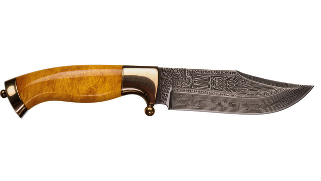 Ornate Damascus steel hunting knife with polished burl wood handle, isolated on transparent background