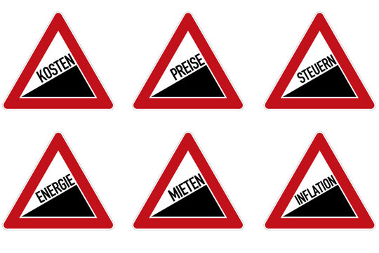 Verkehrszeichen Steigung als Symbol f&uuml;r Erh&ouml;hungen von Kosten in verschiedenen Lebensbereichen