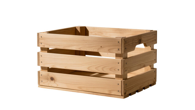 Natural wooden crate with slatted sides, isolated on transparent background