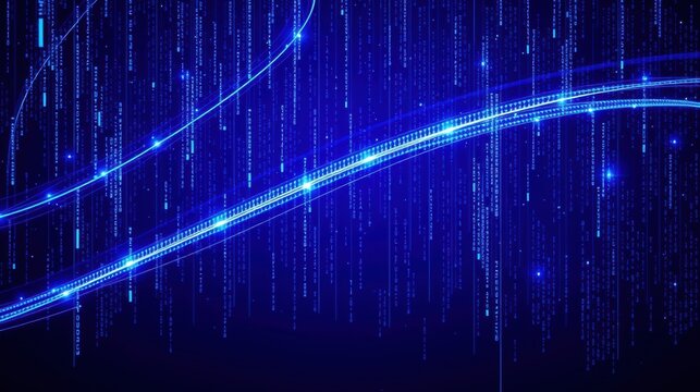 Digital rain effect. Blue code streams cascade down black background. Bright lines create dynamic visual texture. Futuristic, technology focused imagery.