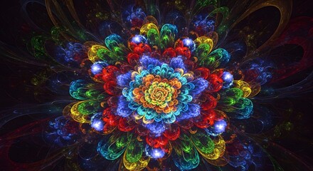 Fototapeta premium Abstract Fractal Flower With Vibrant Rainbow Colors And Sparkles On Black Background