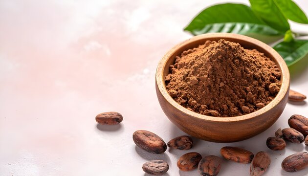 natural cocoa powder with coffee beans on soft pastel background
