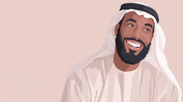 Smiling young Arab man wearing traditional attire with beard against a soft pastel background expressing joy and warmth