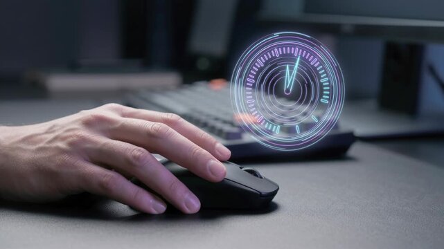 Hand Using Computer Mouse with Futuristic Digital Clock Overlay for Timeboxing and Micro Scheduling in Productivity