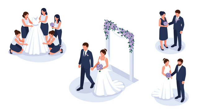 Collection of romantic wedding scenes featuring a bride with bridesmaids, the couple at the altar, and walking together after the ceremony.