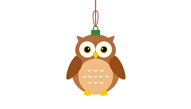 A cartoon owl ornament with a green loop and red string