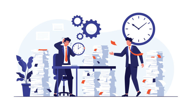 Office workers overwhelmed by massive amounts of paperwork and racing against a large ticking clock to meet deadlines.