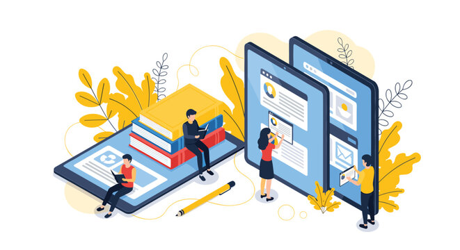 People studying and learning with digital tablets, giant books, and online course materials in a modern education environment.