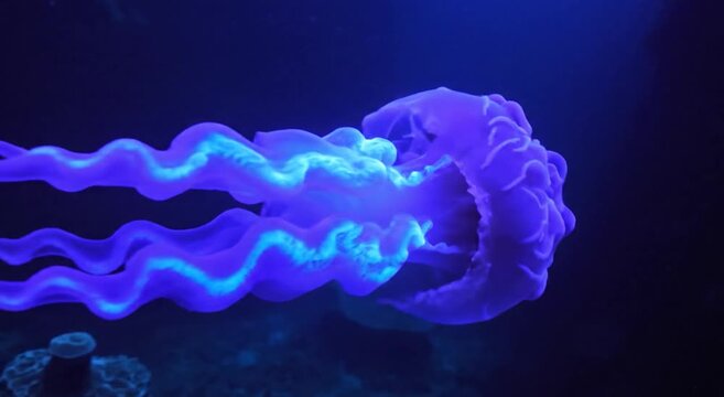 Bioluminescent Jellyfish Drifts Through Deep Blue Waters