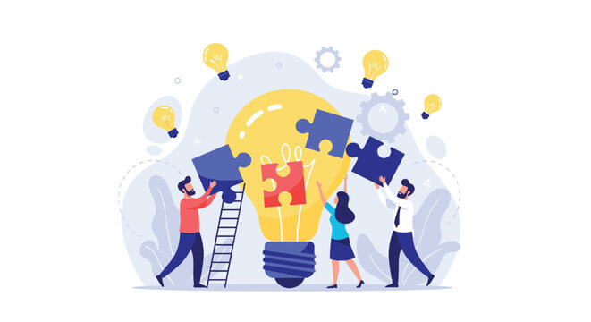 Group of motivated individuals working together to assemble puzzle pieces into a large glowing lightbulb symbolizing a collaborative idea.