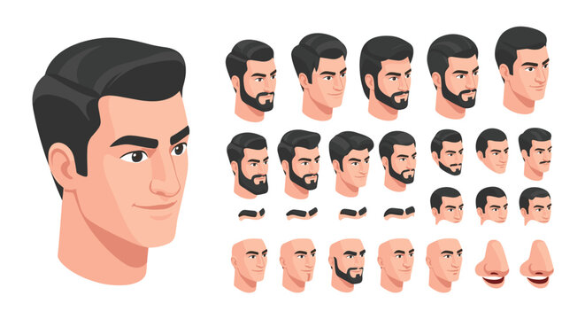 Comprehensive character design kit for a male head including different facial angles, eyebrows, and noses for custom animation.