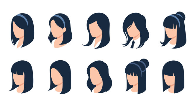 Collection of ten female head profile illustrations with dark hair and blue headbands showing various angles for character design assets.