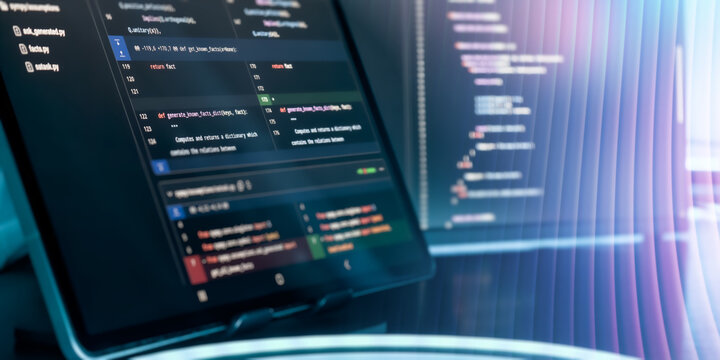 Futuristic AI Coding Interface with Abstract Light Trails and Programming Code on Screens in Blue Neon Workspace
