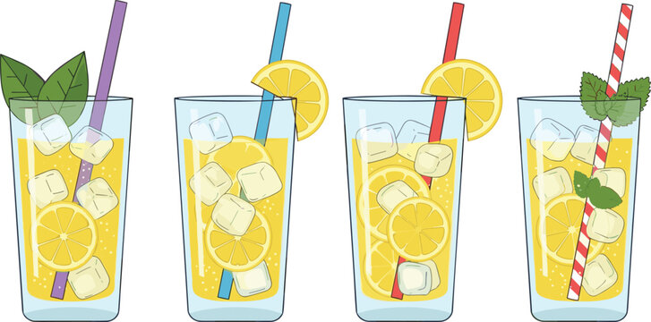 Fresh Cold Lemonade Glasses with Ice Cubes Lemon Slices Mint and Colorful Straws Summer Drink Set Vector Illustration