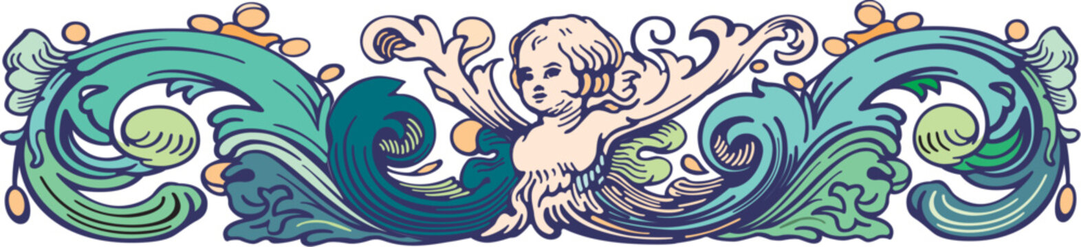 Elegant cherub amidst swirling baroque ocean waves and decorative flourishes