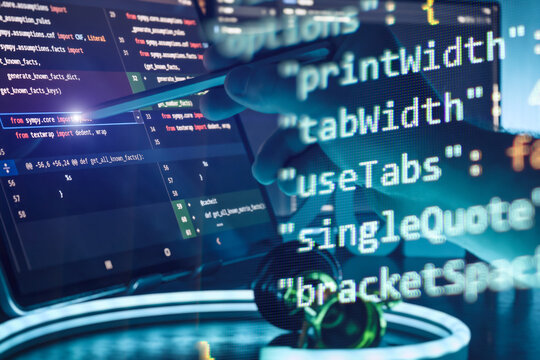 Programmer Using Stylus on Coding Screen with Abstract Code Overlay in Futuristic AI Development Workspace