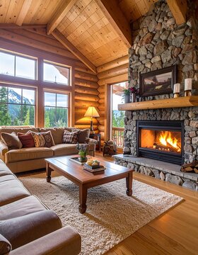 Cozy interior of a log cabin with fireplace and scenic view