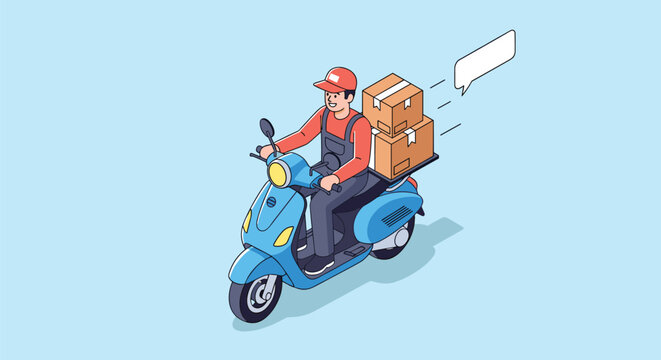 Delivery service concept featuring a courier riding a blue scooter with stacks of cardboard boxes and a speech bubble on a blue background.